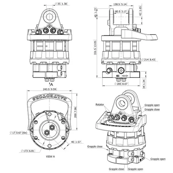 Baltrotors GR104DB - Rotateur +100/-80 kN avec bride à 6 trous - pour pinces forestières MHS