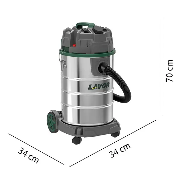 Dimensions du bac de l'aspirateur Lavor Dozzy Power 30XES, capacité de 30 litres, pour une utilisation de loisir avancée