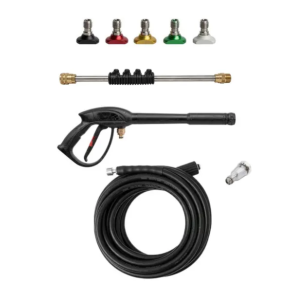L'équipement standard du nettoyeur haute pression Lavor Kama 1409 comprend un tuyau haute pression, un pistolet, une lance, des buses et des raccords.