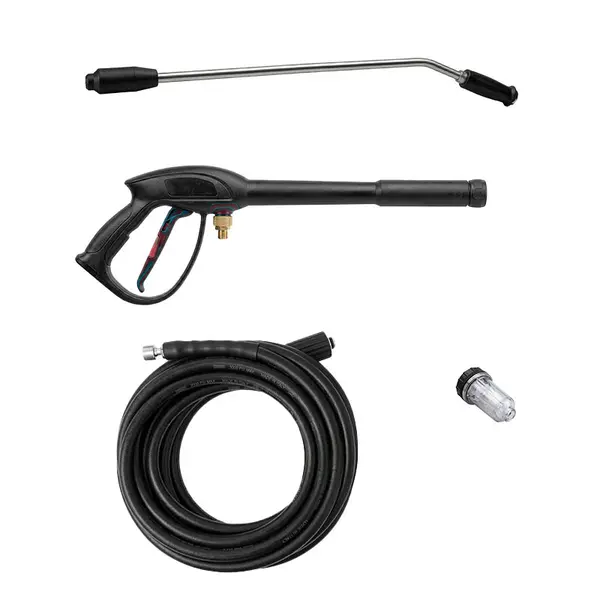 Le nettoyeur haute pression Lavor Mezen 1510 est livré de série avec un tuyau flexible, des buses haute pression, un raccord de lance et un pistolet professionnel.