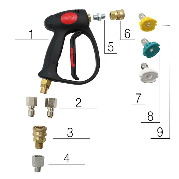 Kit de nettoyage haute pression pour l'esthétique automobile, comprenant pistolet, buses à jet plat et raccords rapides.